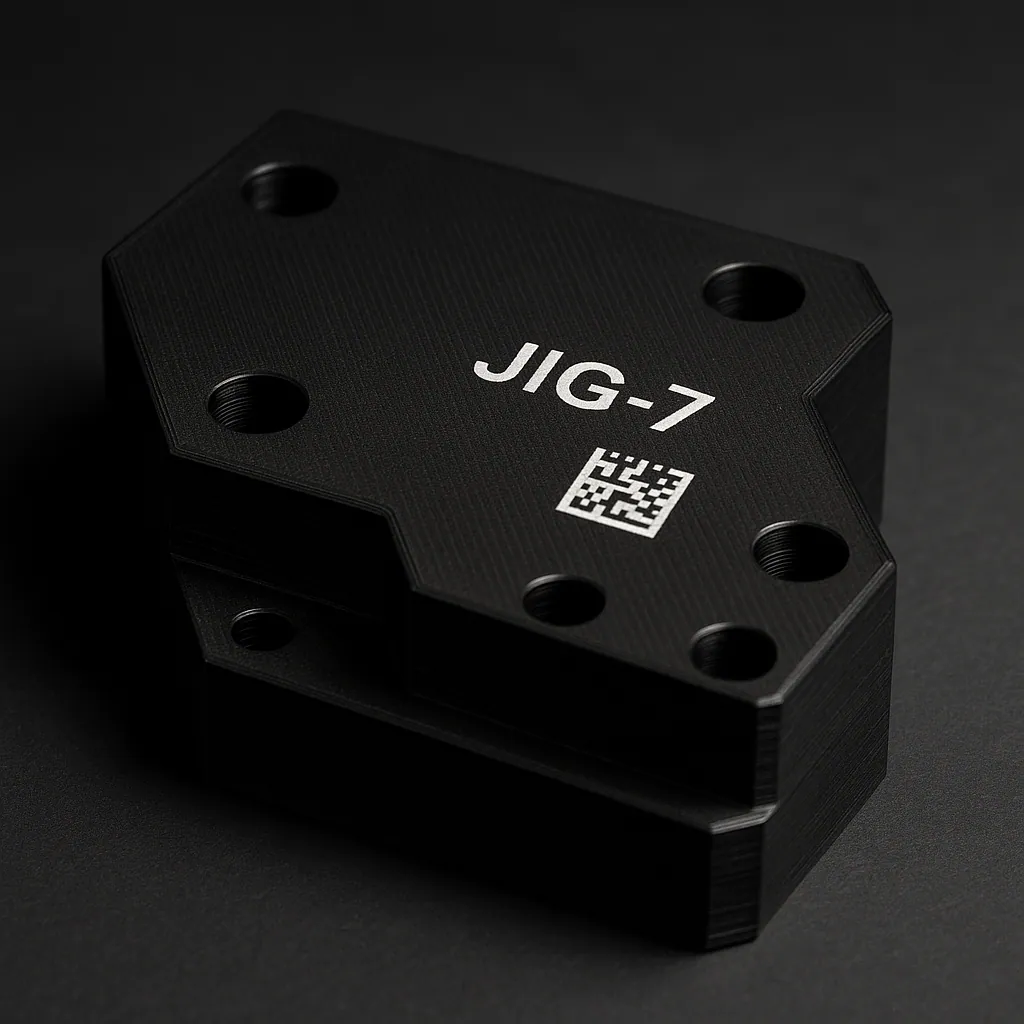Black ABS 3D-printed production jig laser-marked with part ID JIG-7 and a data-matrix code