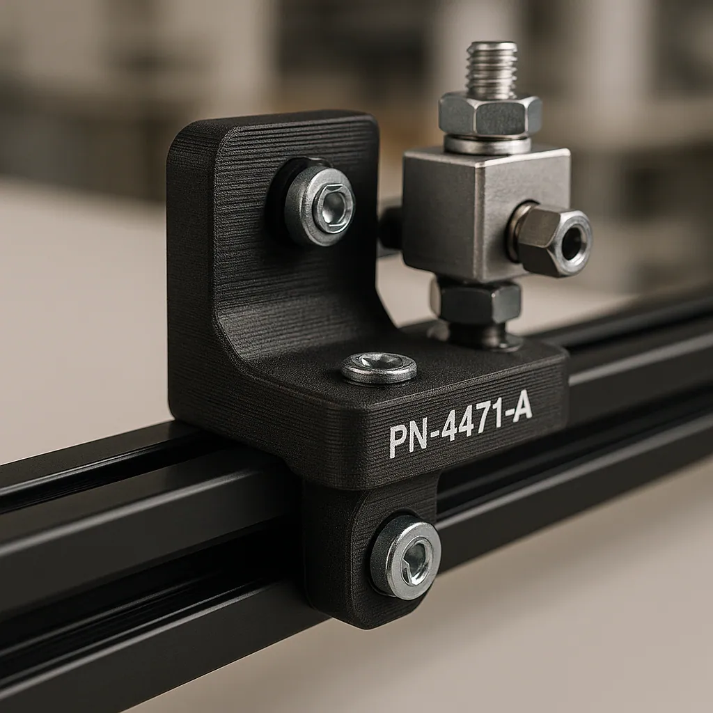 Black ABS 3D-printed bracket bolted to an aluminum extrusion frame, laser-marked PN-4471-A