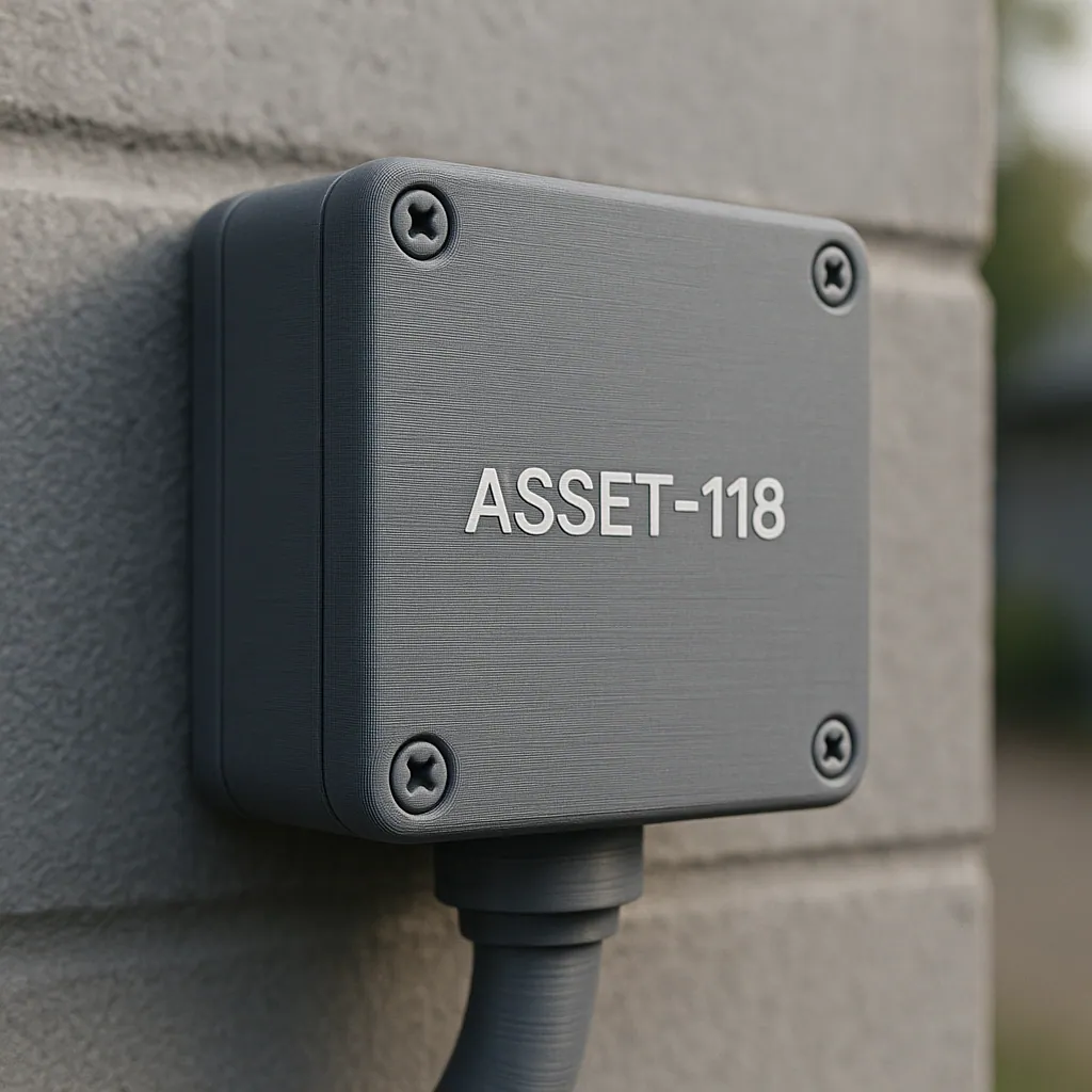 Grey ASA 3D-printed weatherproof enclosure mounted on an exterior wall, laser-marked ASSET-118