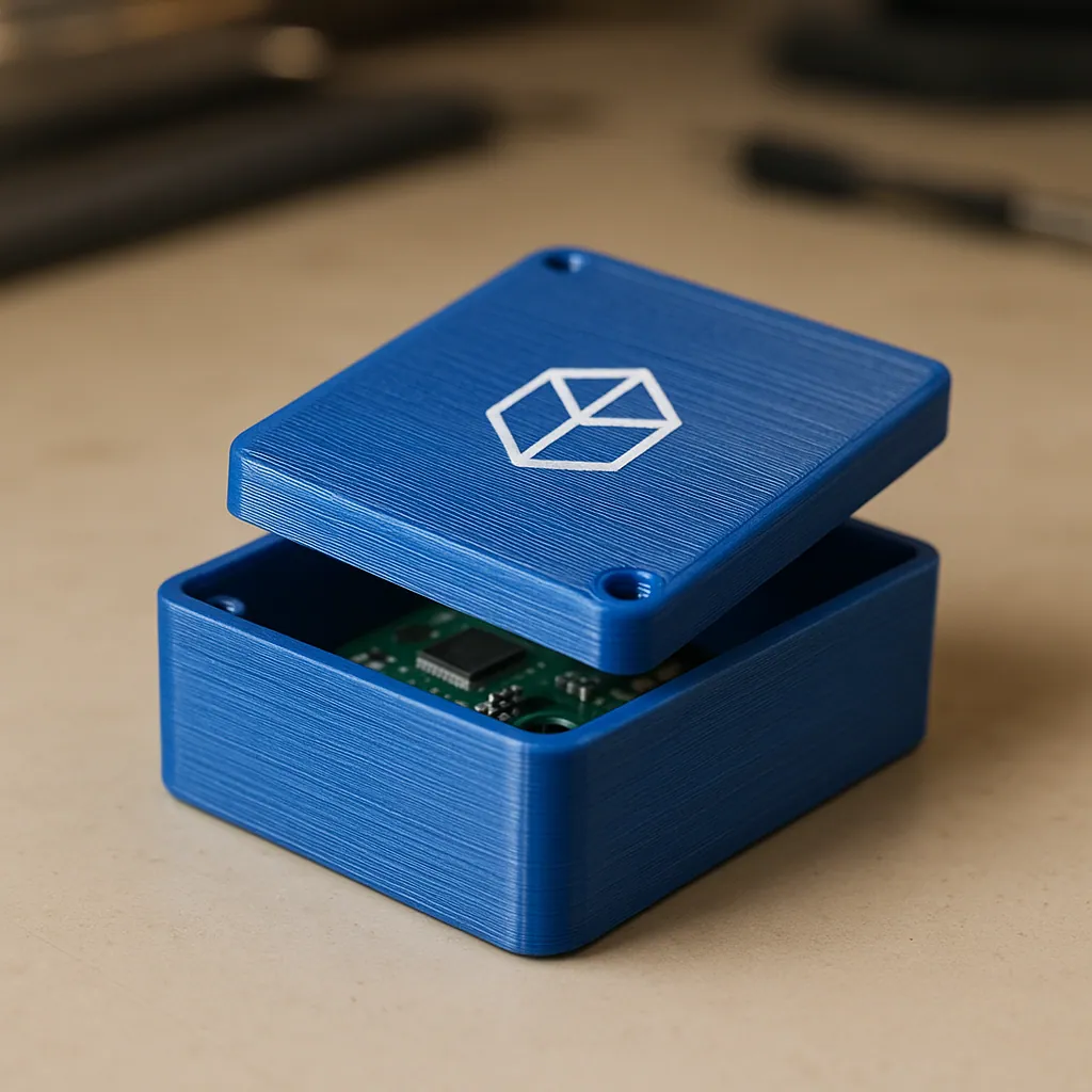 Blue PETG 3D-printed electronics enclosure with a circuit board inside, laser-marked with a logo