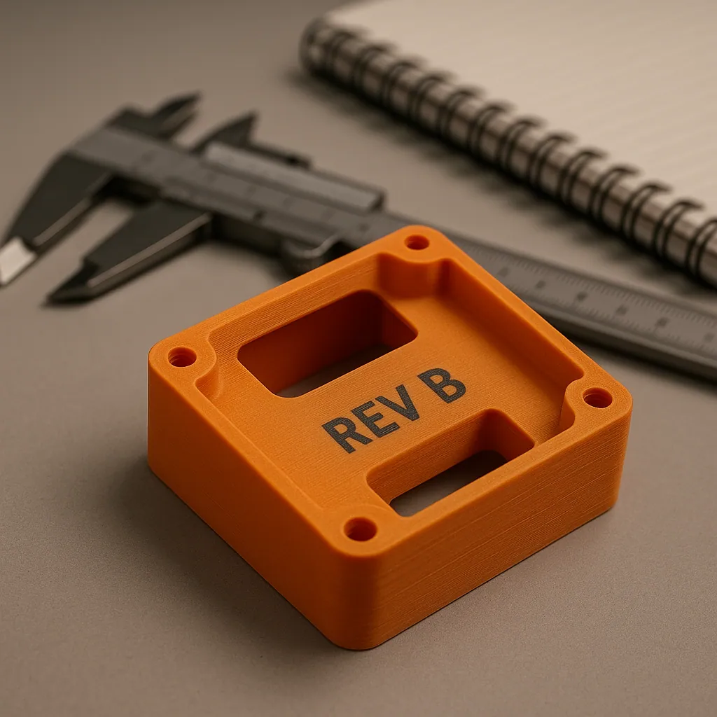 Orange PLA 3D-printed prototype housing on a desk with calipers, laser-marked REV B