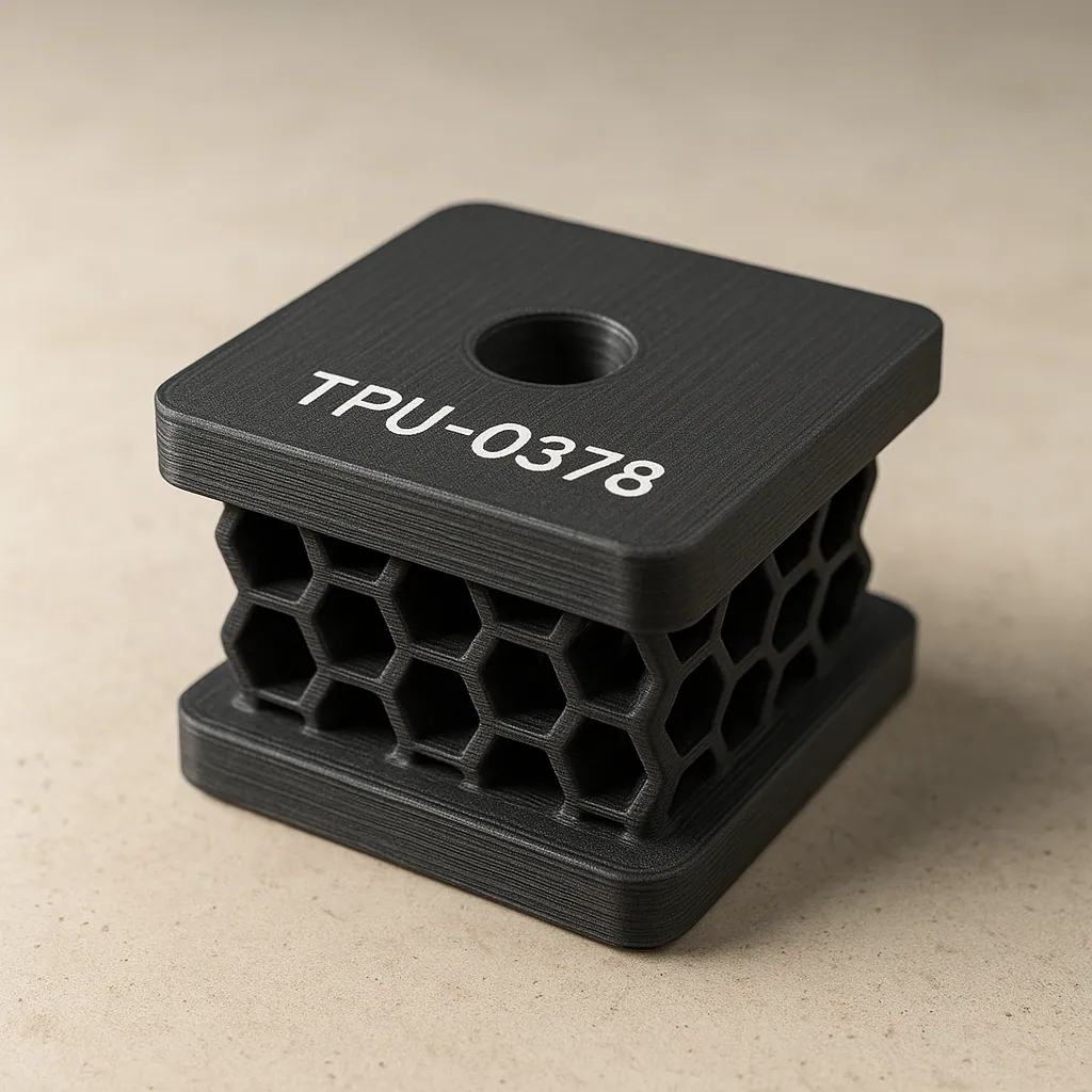 Black flexible TPU 3D-printed anti-vibration damper with a honeycomb lattice body and a flat square top plate laser-marked TPU-0378